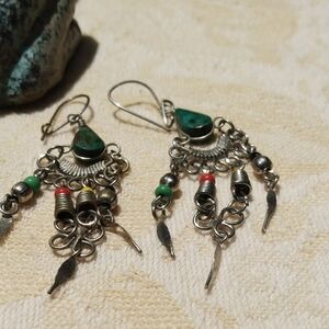 Green Turquoise Dangle Earrings Sterling Hooks With Green, Yellow & Red Beads